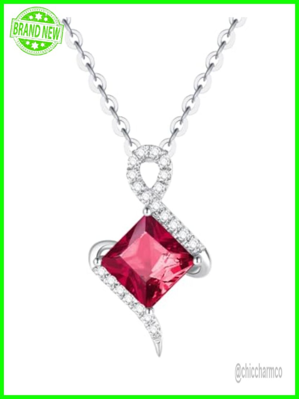 14K Solid White Gold Birthstone Pendant Necklace with Sterling Silver Chain